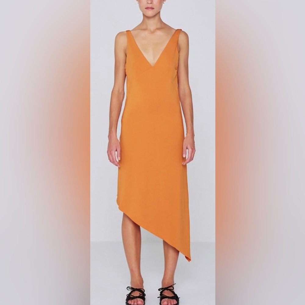 Remain Gosha Asymmetrical V-Neck Calf Midi Dress, Tomato Cream Orange, sz 2